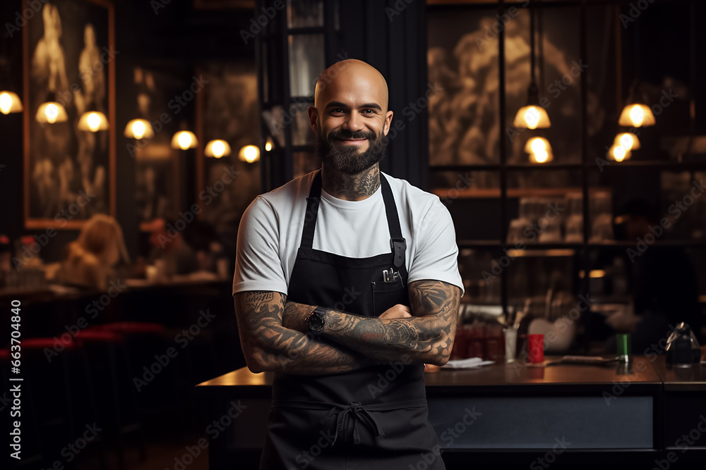 The portrait of a male chef, wearing white T-shirt and black apron, standing in a kitchen restaurant at night, Generative AI. - obrazy, fototapety, plakaty 