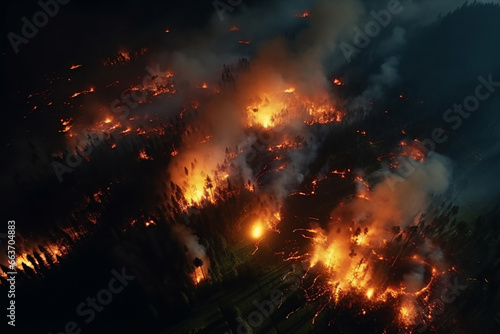 Forest fire in progress. Fire. Large flames. a threat to our environment. Aerial view of massive wildfire or forest fire with burning trees and orange smoke. Generative AI.