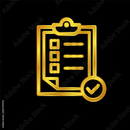 gold colored Clipboard with checklist icon. Flat illustration of clipboard with checklist icon for graphic and web design