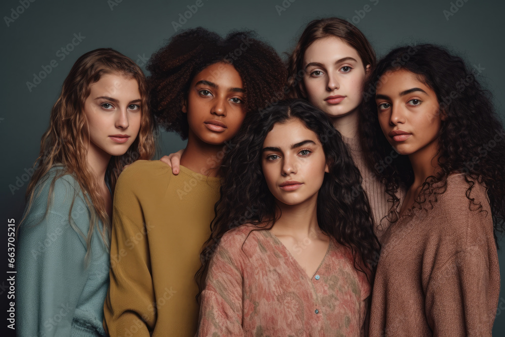Photograph of several girls of different ethnicities on a gray background with different dresses. Photograph of several girls of different ethnicities on a gray background with different dresses.