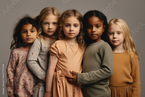 Photograph of several girls of different ethnicities on a gray background with different dresses.