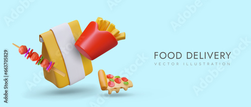 Poster with realistic paper bag for food, french fries, pizza with sausage and grilled meat on stick. Concept of online order food delivery. Vector illustration in 3d style