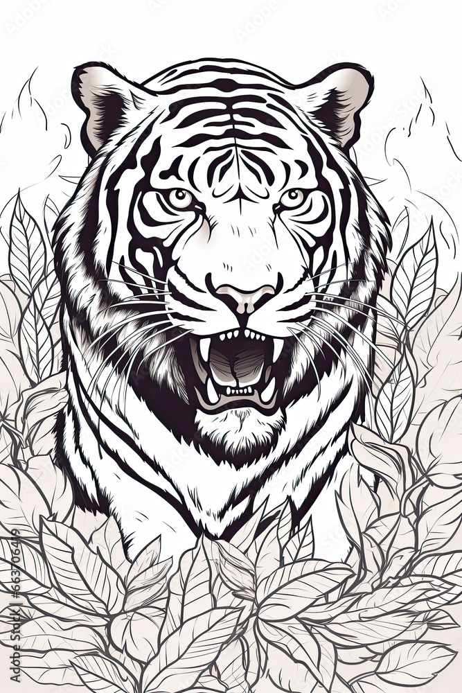 coloring page of a tiger in line art hand drawn style for kids