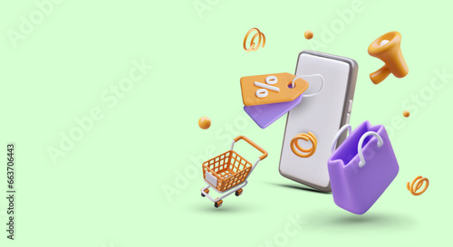 Advertising of phone application for online shopping. 3D smartphone, shopping cart, bag, megaphone, discount tag. Vector sale reminder. Profitable purchase