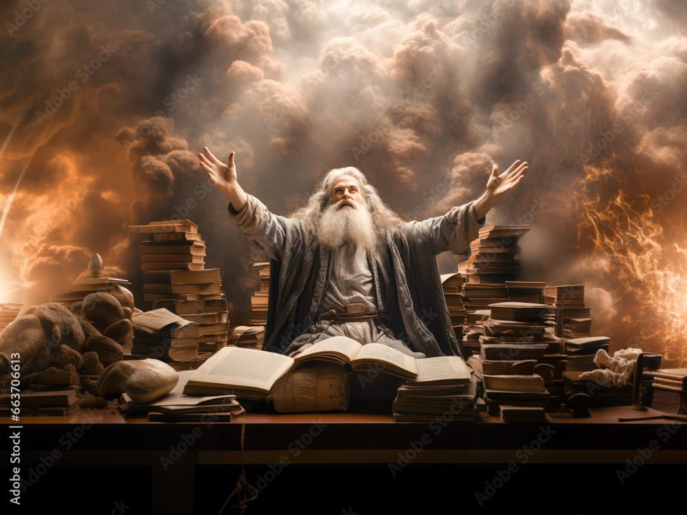 A prophet of God examining the Holy Scriptures and being inspired with divine revelation Generative AI Illustration - obrazy, fototapety, plakaty 