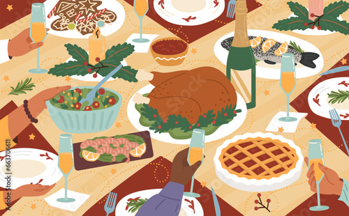 Christmas festive dinner with hands of people top view
