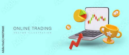 Online trading. Laptop with stock chart on screen, golden cup, coins, stock arrow. Successful business management. Profitable share trading. Help in investment management