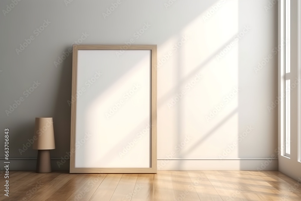 A modern living room features an empty picture frame hanging on a white wall next to a stylish lamp and a lush green plant. The empty frame is a canvas for the viewer's imagination A modern living room features an empty picture frame hanging on a white wall next to a stylish lamp and a lush green plant. The empty frame is a canvas for the viewer's imagination