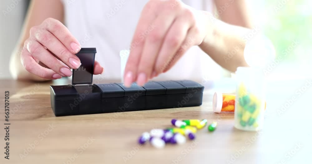 Female hands pouring tablets into medicine pill box closeup 4k movie slow motion. Regular intake of medications concept Female hands pouring tablets into medicine pill box closeup 4k movie slow motion. Regular intake of medications concept