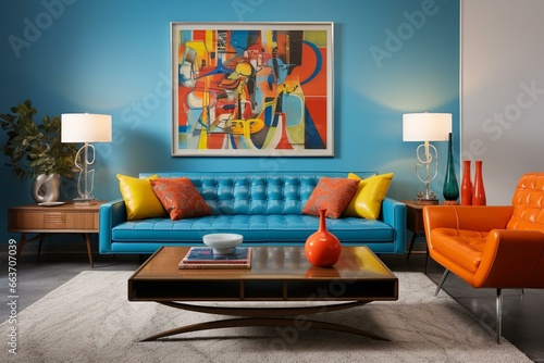 Stylish and nostalgic mid-century modern living room with sleek brown leather sofa, retro-inspired furniture, and bold pops of color. Generative AI © Altair