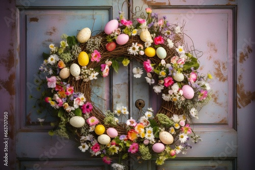 Floral wreath, Easter eggs hidden in flowers, on wooden door. Generative AI © Dariel