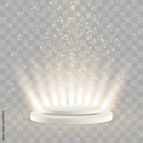 Vector 3d podium with special light effect. Empty stage or pedestal isolated on png background. Scene spotlight beams. Podium or platform for award ceremony, product presentation. Vector illustration
