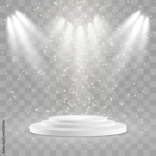 Vector 3d podium with special light effect. Empty stage or pedestal isolated on png background. Scene spotlight beams. Podium or platform for award ceremony, product presentation. Vector illustration