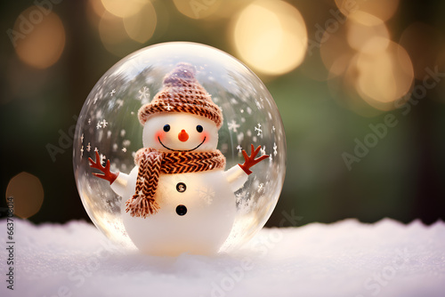 Glass ball on snow with smiling snowman inside. Winter scenery. Christmas concept