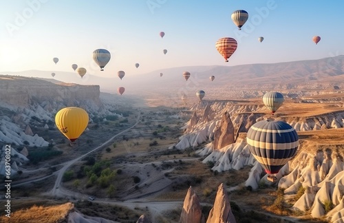 Hot air balloons flying over Cappadocia, Turkey.
