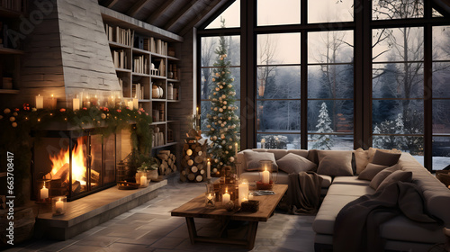 Warmth and Wonder, Festive Christmas Living Room with Cozy Fireplace and Expansive Windows