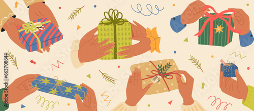People hands holding or giving Christmas gifts box festive packaging