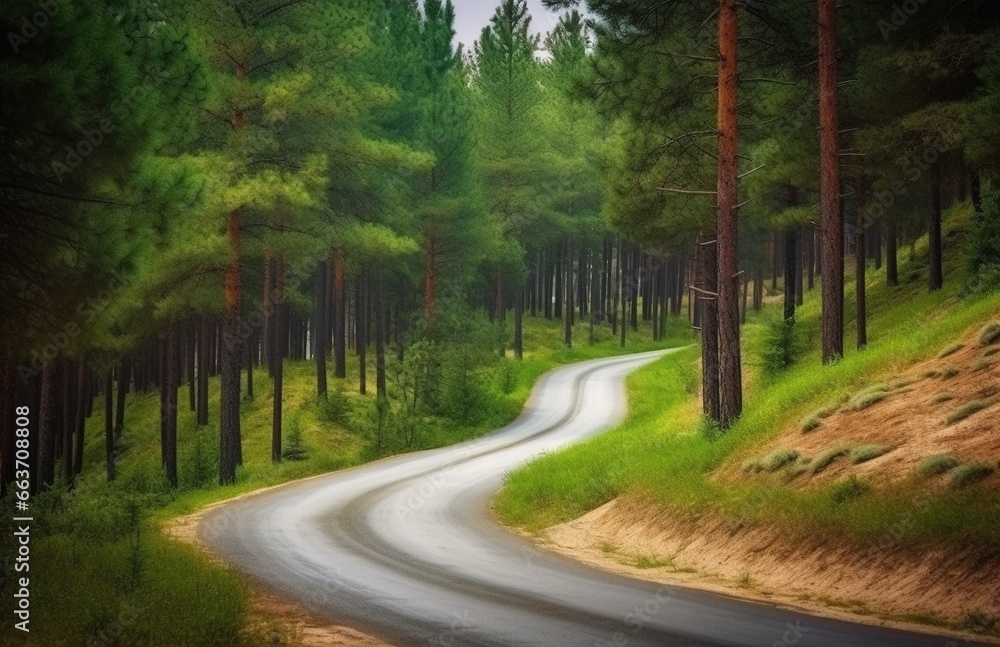 Fototapeta premium Beautiful spring landscape with road in the pine forest and green grass