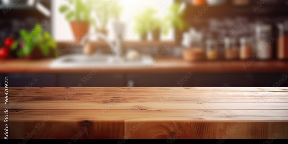 Modern vintage kitchen table. Stylish dining space. Wooden dining counter. Heart of home. Rustic cafe. Cozy place to gather. Interior design showcase