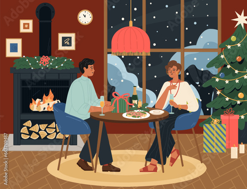 Happy loving couple celebrating Christmas and New Year at home