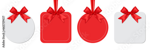 Blank hanging gift box with red bow. White bow with ribbon in circle and rectangle shape isolated on transparent background.