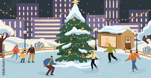 Happy people characters enjoying skating at Christmas ice rink