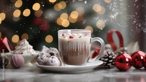 Hot chocolate with decoration on a cozy blur christmas lights background