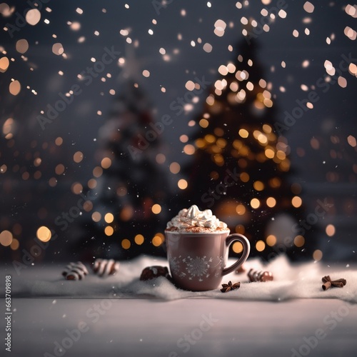 Hot chocolate with decoration on a cozy blur christmas lights background, copy space