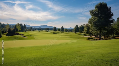 View of green Golf Course. Golf course with rich green grass with beautiful views.