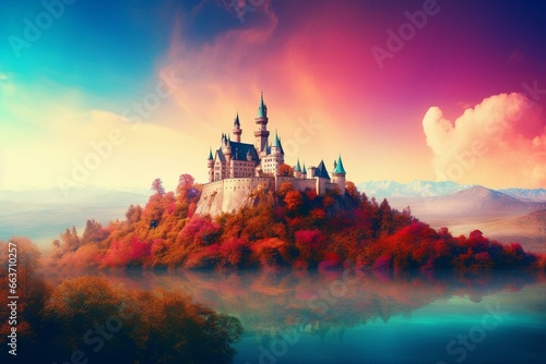 Colorful landscape with a castle in a dreamy world. Generative AI