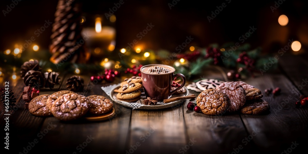 Hot chocolate with chocolate chip and almond cookies, cozy Christmas lights blur background Hot chocolate with chocolate chip and almond cookies, cozy Christmas lights blur background