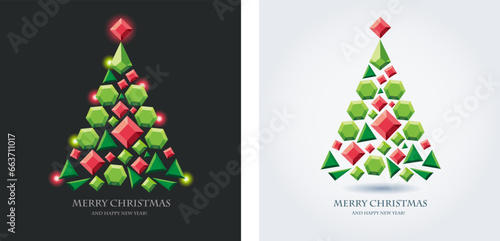 Christmas Tree made of gems with lights. Christmas tree made of jewels. Merry Christmas, Happy New Year greeting card with diamonds, jewels
