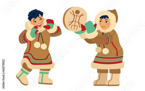 Cartoon Eskimo boy in traditional warm fur clothes singing and dancing with tambourine. Young men from Alaska, Siberia, Far North. Vector flat style illustration isolated on white background.