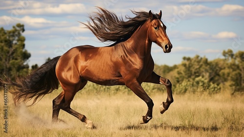 Horses running in the meadow . Horse with long mane run gallop 