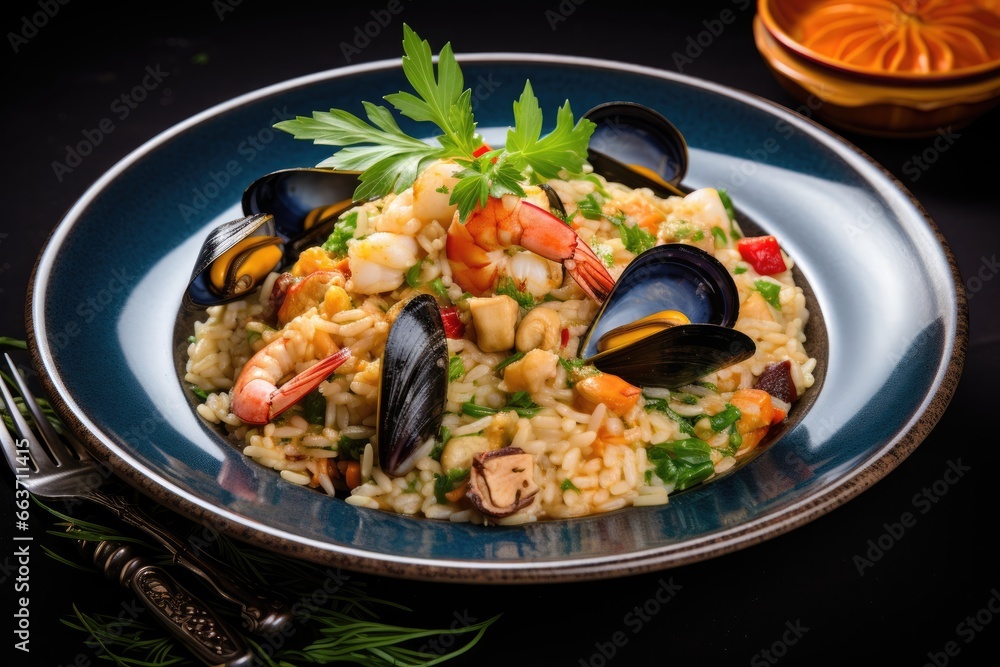 Risotto al Frutti di Mare: A Captivating Seafood Symphony of Shrimp and Mussels in Creamy Italian Arborio Rice.
Risotto al Frutti di Mare: A Captivating Seafood Symphony of Shrimp and Mussels in Creamy Italian Arborio Rice.