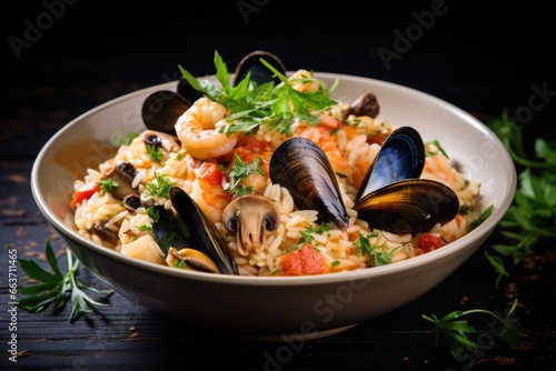 Risotto al Frutti di Mare: A Captivating Seafood Symphony of Shrimp and Mussels in Creamy Italian Arborio Rice.

