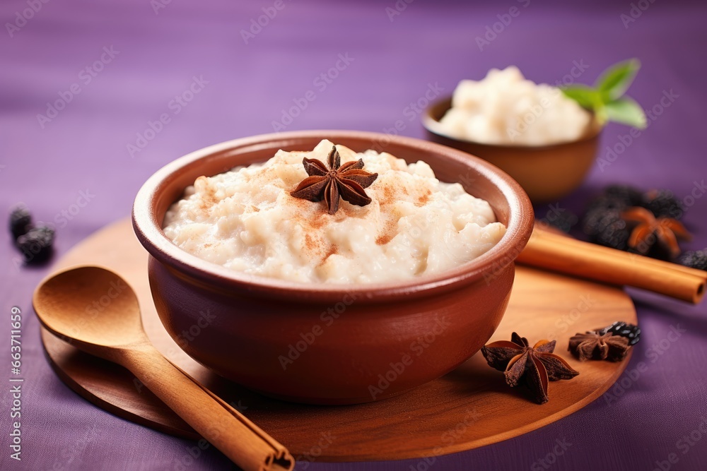 A Traditional Homemade Dessert - Creamy Rice Pudding with Cinnamon and Raisins, Served in a Bowl on a Lilac Background, Ready to Delight Your Taste Buds A Traditional Homemade Dessert - Creamy Rice Pudding with Cinnamon and Raisins, Served in a Bowl on a Lilac Background, Ready to Delight Your Taste Buds