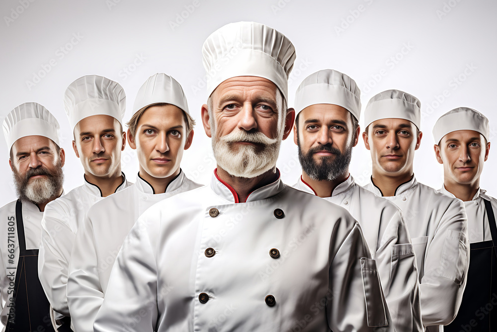 The head chef, leading the professional culinary team, stands with the team, arms folded, against an isolated white backdrop. Generative AI.