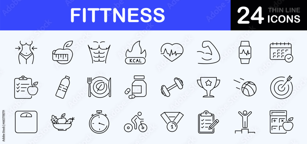 Naklejka premium Fitness web icons set. Sport and fitness - simple thin line icons collection. Containing gym, healthy lifestyle, exercise, diet, weight training, body care, workout and more. Simple web icons set