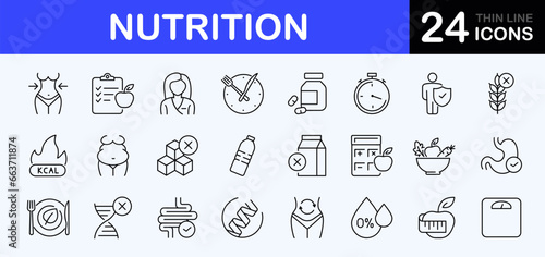 Nutrition web icons set. Healthy food - simple thin line icons collection. Containing detox, diet, fat, protein, vegetables, fruit, carbohydrates, sugar and more. Simple web icons set