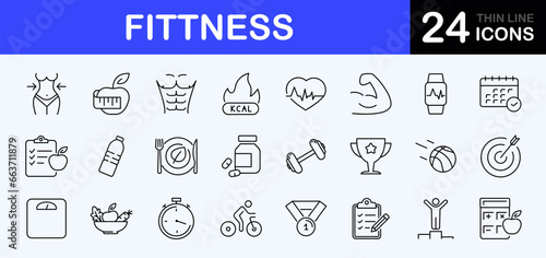 Fitness web icons set. Sport and fitness - simple thin line icons collection. Containing gym, healthy lifestyle, exercise, diet, weight training, body care, workout and more. Simple web icons set