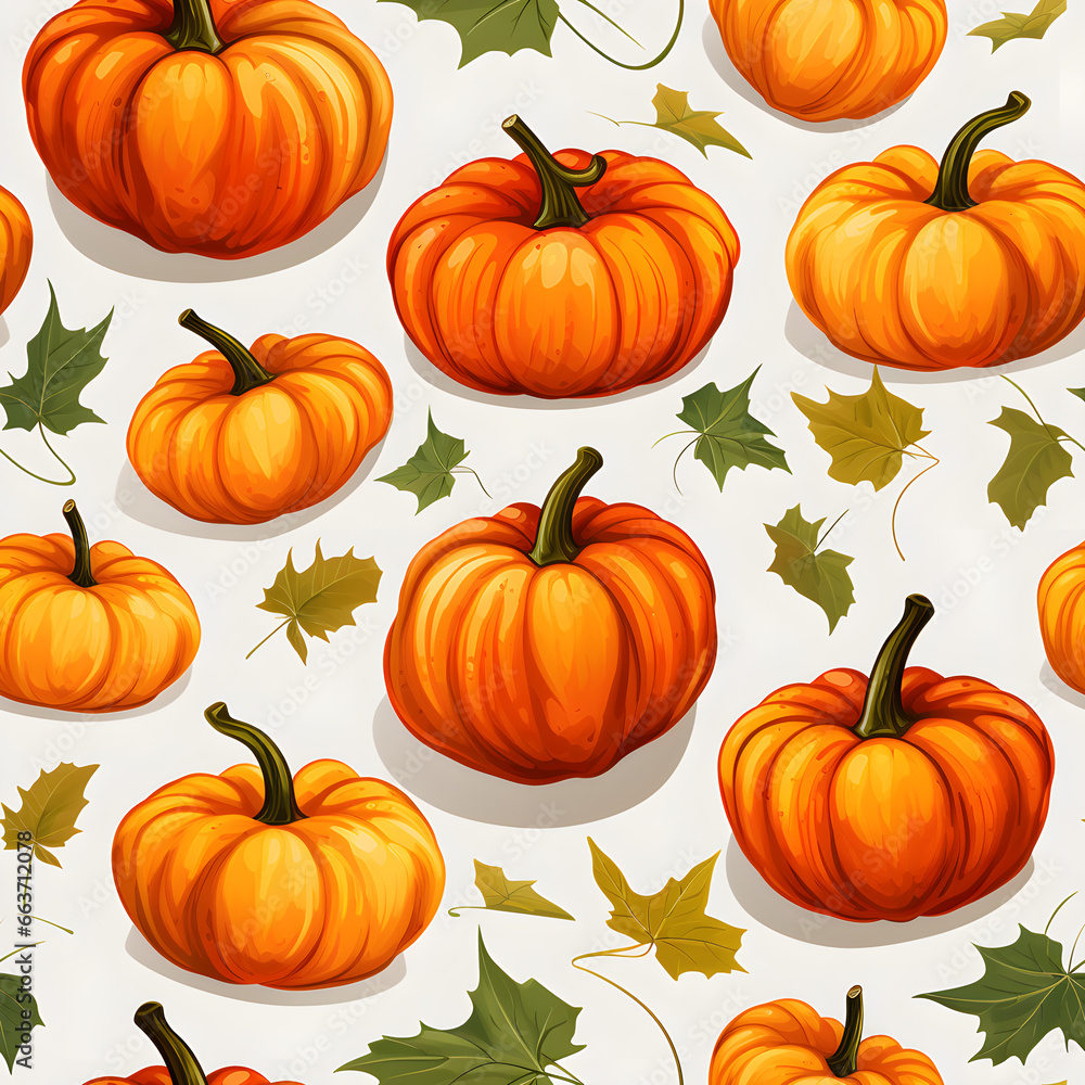 Autumn decorative seamless pattern with pumpkins, white background. Generative AI