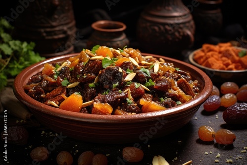Savor the North African Delight: Moroccan Beef Tagine with Prunes and Sesame Seeds - A Gourmet Feast Paired with Fragrant Couscous.