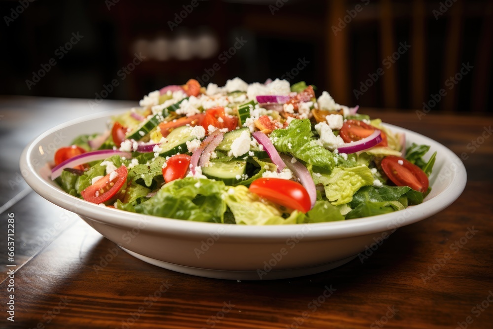 Greek Salad Magic: Romaine Lettuce, Cucumber, Red Onion, and Cherry Tomatoes Join Forces with Feta and Olives to Create a Fresh Mediterranean Culinary Masterpiece.
Greek Salad Magic: Romaine Lettuce, Cucumber, Red Onion, and Cherry Tomatoes Join Forces with Feta and Olives to Create a Fresh Mediterranean Culinary Masterpiece.