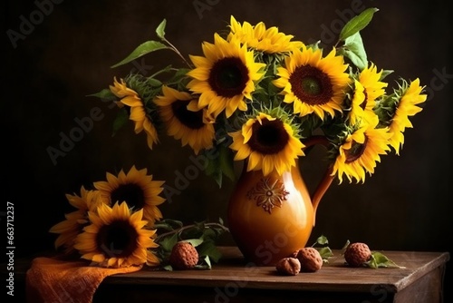 Still life with sunflowers and blue ceramic vase on wooden table