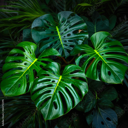 several tropical plants Monstera Albo in a humid and shady place. Concept of botany and tropical nature