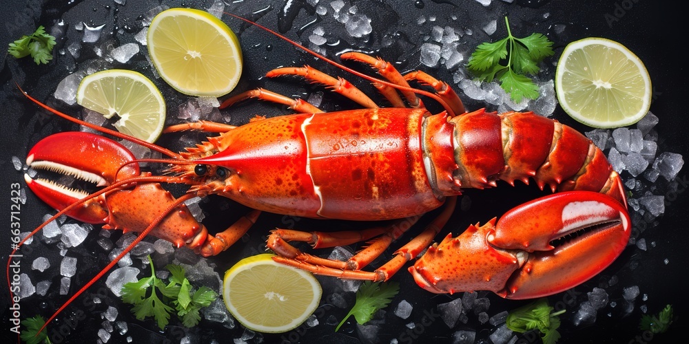 fresh lobster on a black board and ice cubes underneath which keeps the lobster preserved fresh lobster on a black board and ice cubes underneath which keeps the lobster preserved