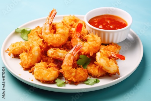 Savor the Tropics: Crispy Coconut Shrimp, a Seafood Delight, Accompanied by Sweet Agridulce Sauce, Presented on a Serene Blue Pastel Background.