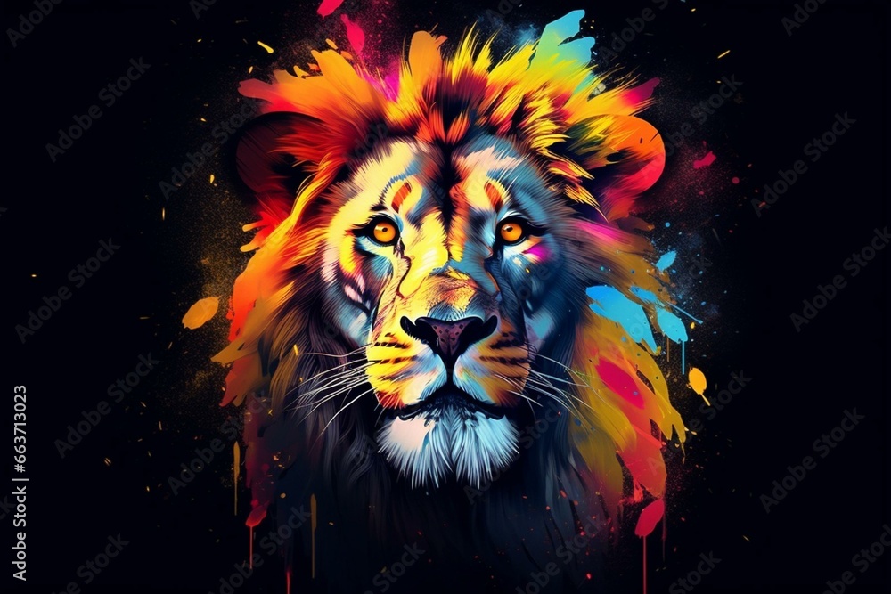 Vibrant lion muzzle adorned with colorful paint splatters against a dark backdrop. Generative AI