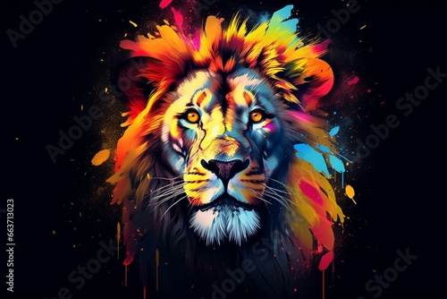 Vibrant lion muzzle adorned with colorful paint splatters against a dark backdrop. Generative AI